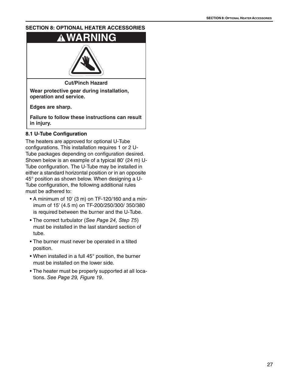 Section 8: optional heater accessories, 1 u-tube configuration, Warning | Roberts Gorden Vantage twin Fire Unitary Infrared Heater TF-250 User Manual | Page 33 / 72