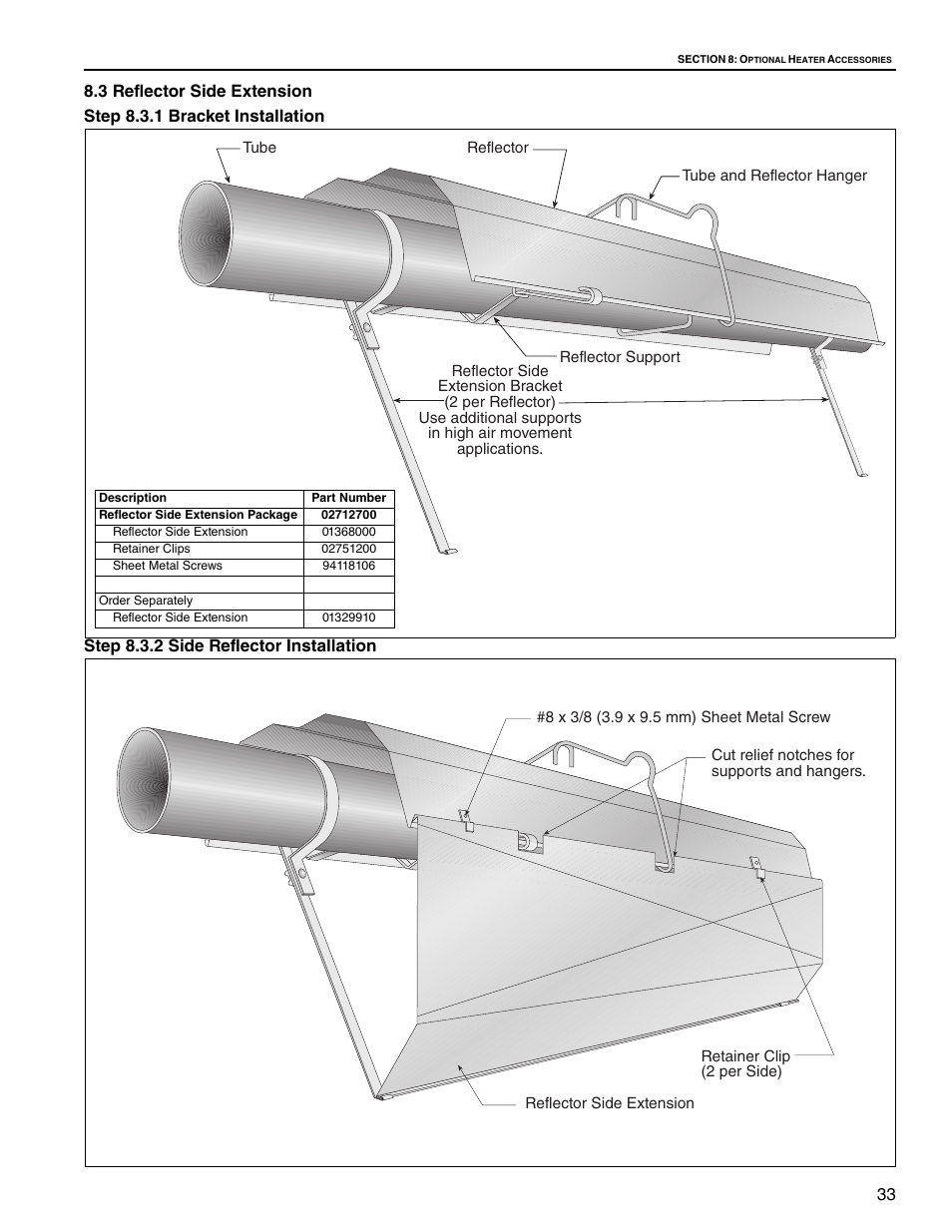 3 reflector side extension, Step 8.3.1 bracket installation, Step 8.3.2 side reflector installation | Roberts Gorden Vantage twin Fire Unitary Infrared Heater TF-250 User Manual | Page 39 / 72