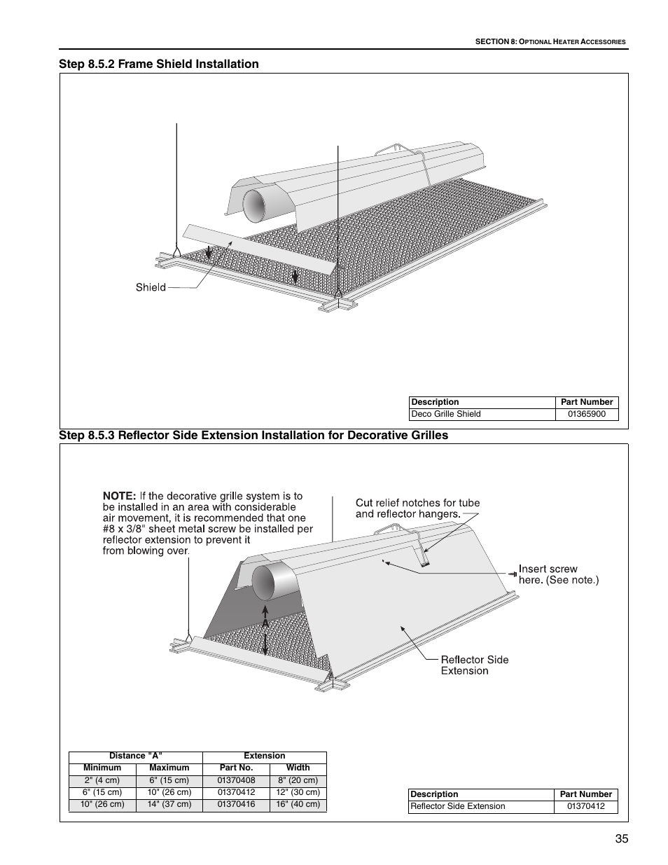 Step 8.5.2 frame shield installation | Roberts Gorden Vantage twin Fire Unitary Infrared Heater TF-250 User Manual | Page 41 / 72