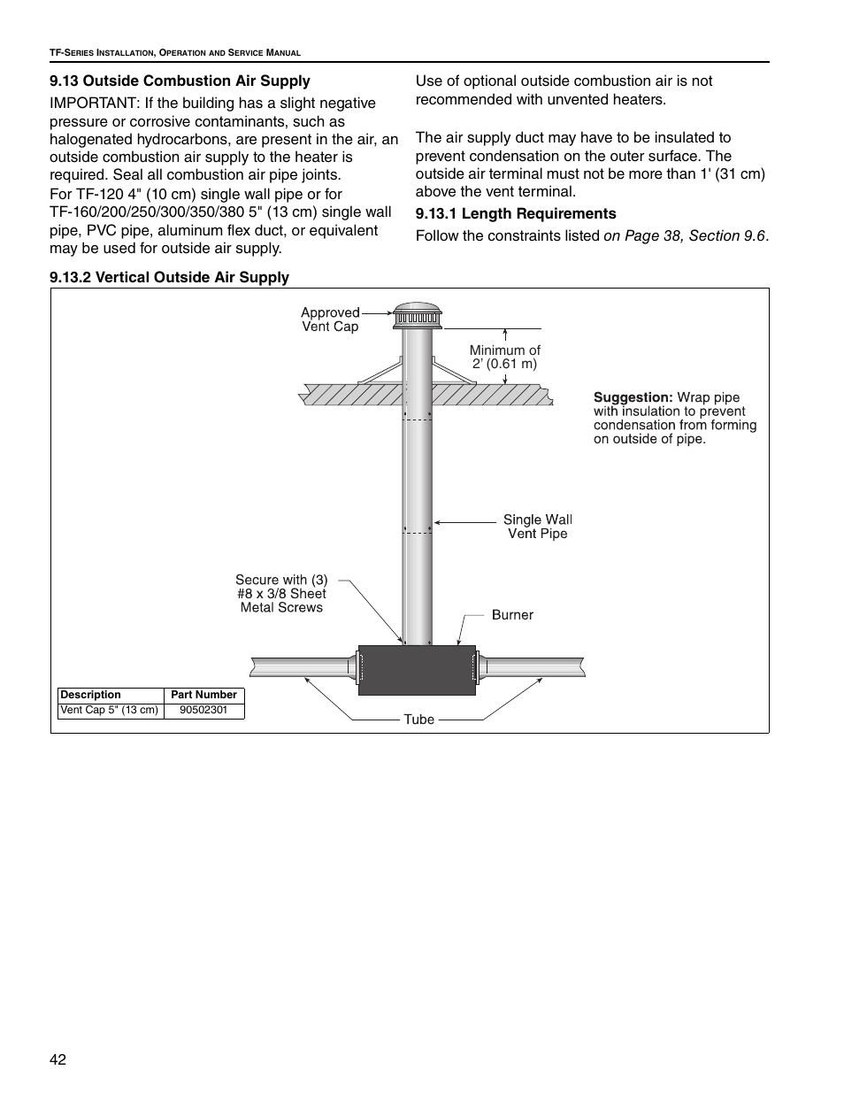13 outside combustion air supply, 1 length requirements, 2 vertical outside air supply | Roberts Gorden Vantage twin Fire Unitary Infrared Heater TF-250 User Manual | Page 48 / 72