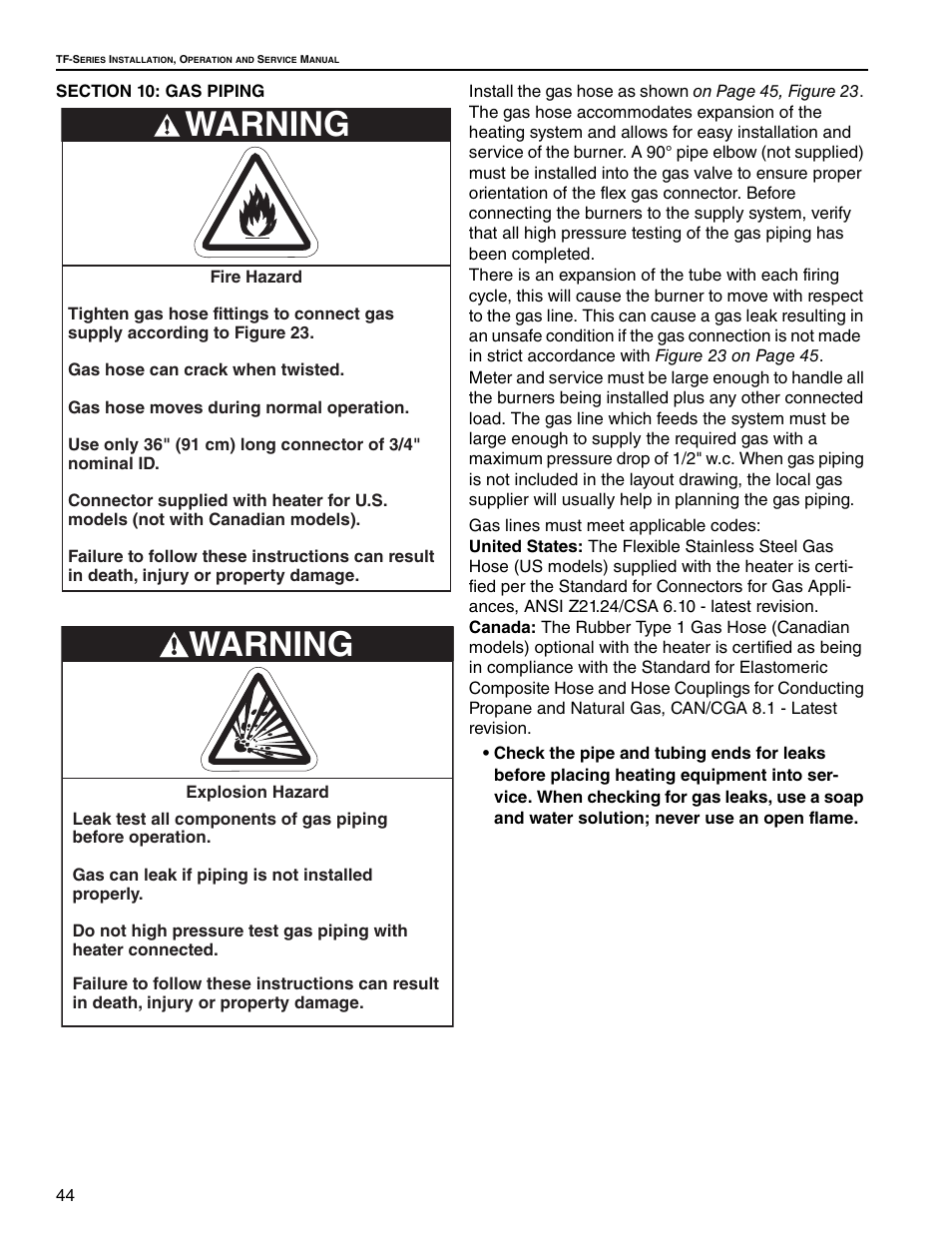 Section 10: gas piping, Warning | Roberts Gorden Vantage twin Fire Unitary Infrared Heater TF-250 User Manual | Page 50 / 72