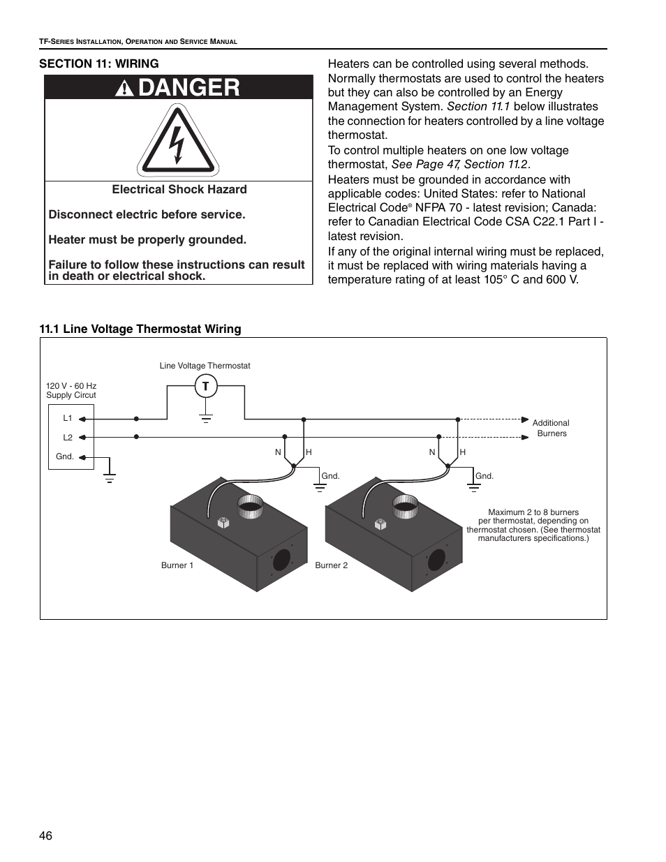 Section 11: wiring, 1 line voltage thermostat wiring, Danger | Roberts Gorden Vantage twin Fire Unitary Infrared Heater TF-250 User Manual | Page 52 / 72