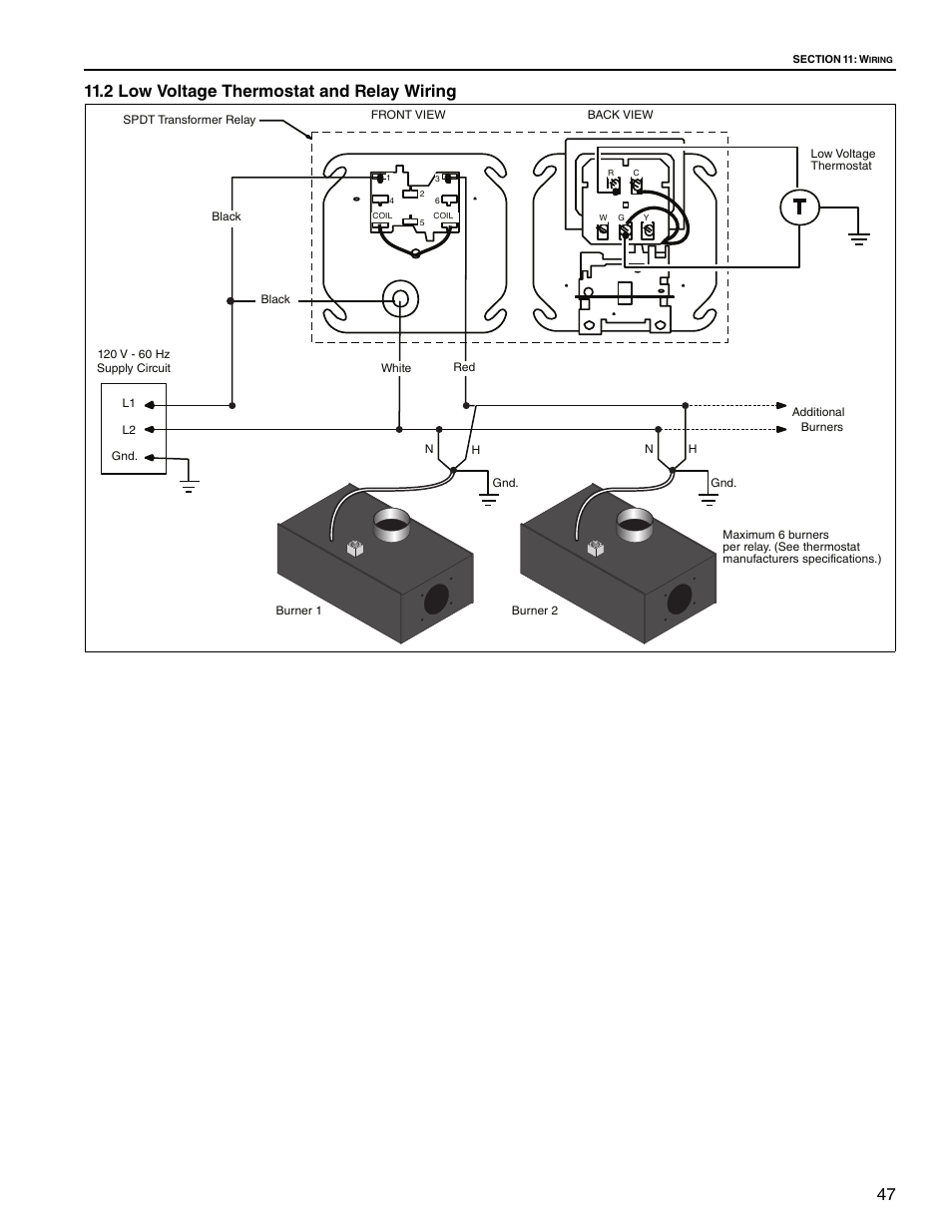 2 low voltage thermostat and relay wiring | Roberts Gorden Vantage twin Fire Unitary Infrared Heater TF-250 User Manual | Page 53 / 72
