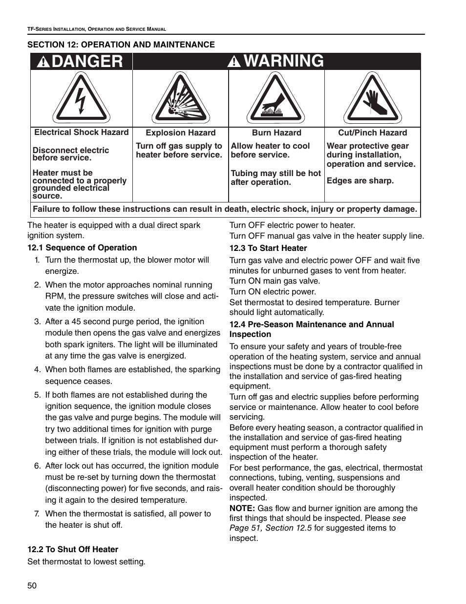 Section 12: operation and maintenance, 1 sequence of operation, 2 to shut off heater | 3 to start heater, 4 pre-season maintenance and annual inspection, Warning, Danger | Roberts Gorden Vantage twin Fire Unitary Infrared Heater TF-250 User Manual | Page 56 / 72