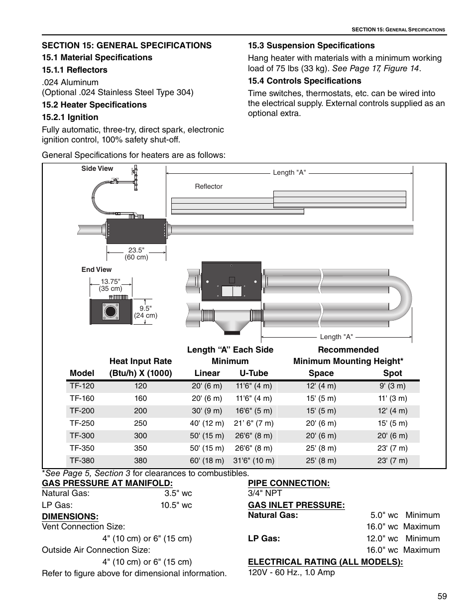 Section 15: general specifications, 1 material specifications, 1 reflectors | 2 heater specifications, 1 ignition, 3 suspension specifications, 4 controls specifications, General specifications for heaters are as follows | Roberts Gorden Vantage twin Fire Unitary Infrared Heater TF-250 User Manual | Page 65 / 72