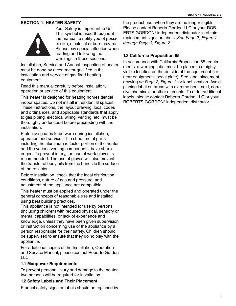 Section 1: heater safety, 1 manpower requirements, 2 safety labels and their placement | 3 california proposition 65 | Roberts Gorden Vantage twin Fire Unitary Infrared Heater TF-250 User Manual | Page 7 / 72