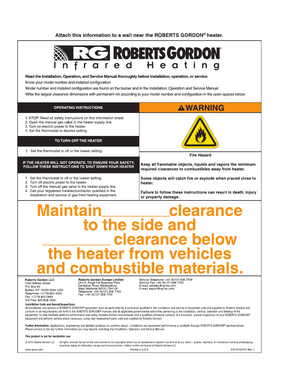 Roberts Gorden Vantage twin Fire Unitary Infrared Heater TF-250 User Manual | Page 72 / 72