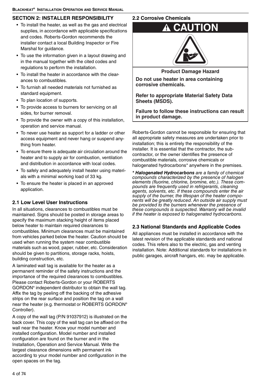 Section 2: installer responsibility, Caution | Roberts Gorden Vacuum Assisted Linear User Manual | Page 10 / 84