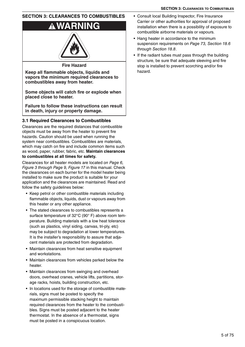 Section 3: clearances to combustibles, 1 required clearances to combustibles, Warning | Roberts Gorden Vacuum Assisted Linear User Manual | Page 11 / 84