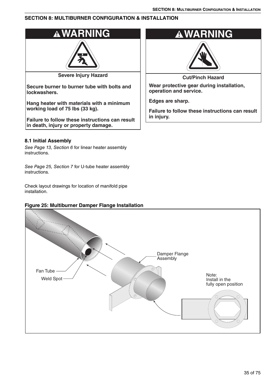 Section 8: multiburner configuration, Installation, 1 initial assembly | Warning | Roberts Gorden Vacuum Assisted Linear User Manual | Page 41 / 84