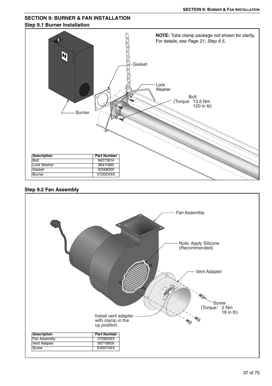 Section 9: burner & fan installation, 1 burner installation 9.2 fan assembly | Roberts Gorden Vacuum Assisted Linear User Manual | Page 43 / 84