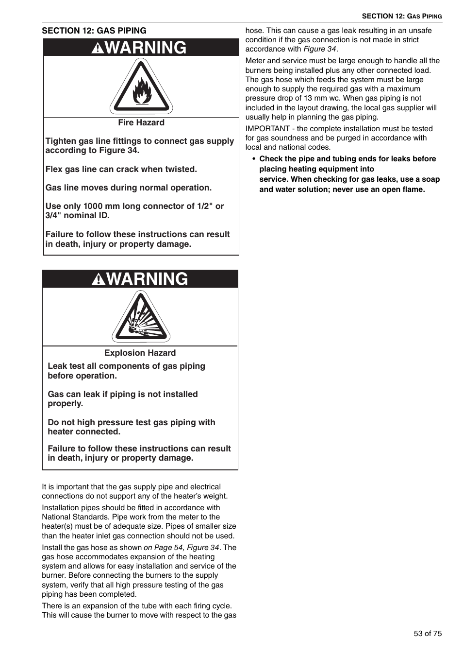 Section 12: gas piping, Warning | Roberts Gorden Vacuum Assisted Linear User Manual | Page 59 / 84