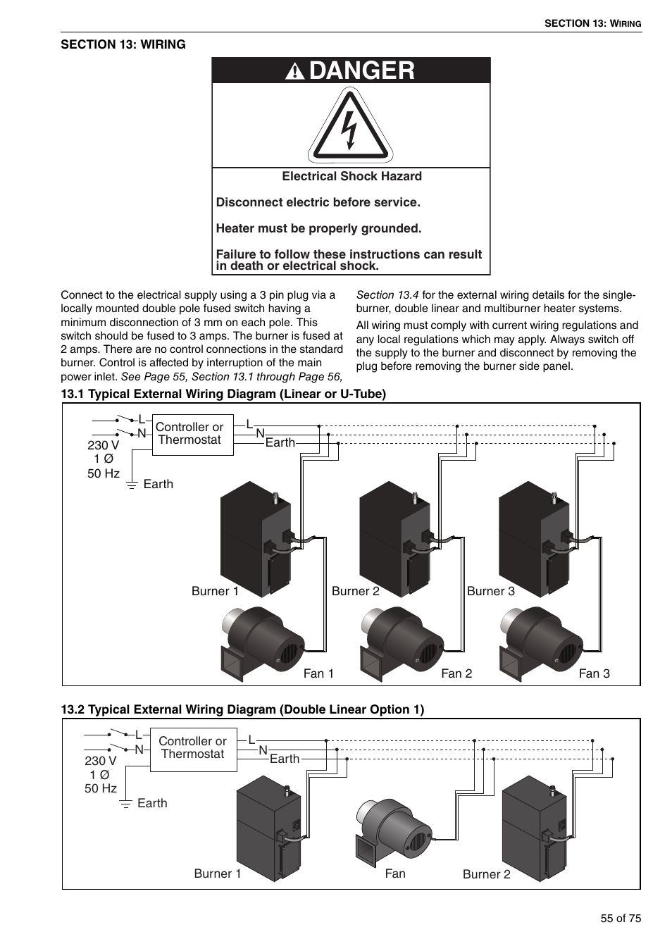 Section 13: wiring, 1 typical external wiring diagram, Linear or u-tube) | 2 typical external wiring diagram, Double linear option 1), Danger | Roberts Gorden Vacuum Assisted Linear User Manual | Page 61 / 84