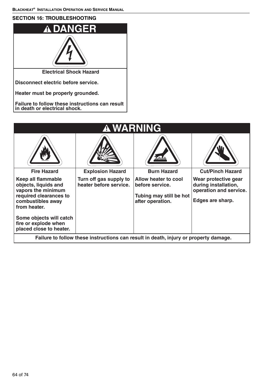 Section 16: troubleshooting, Danger, Warning | Roberts Gorden Vacuum Assisted Linear User Manual | Page 70 / 84