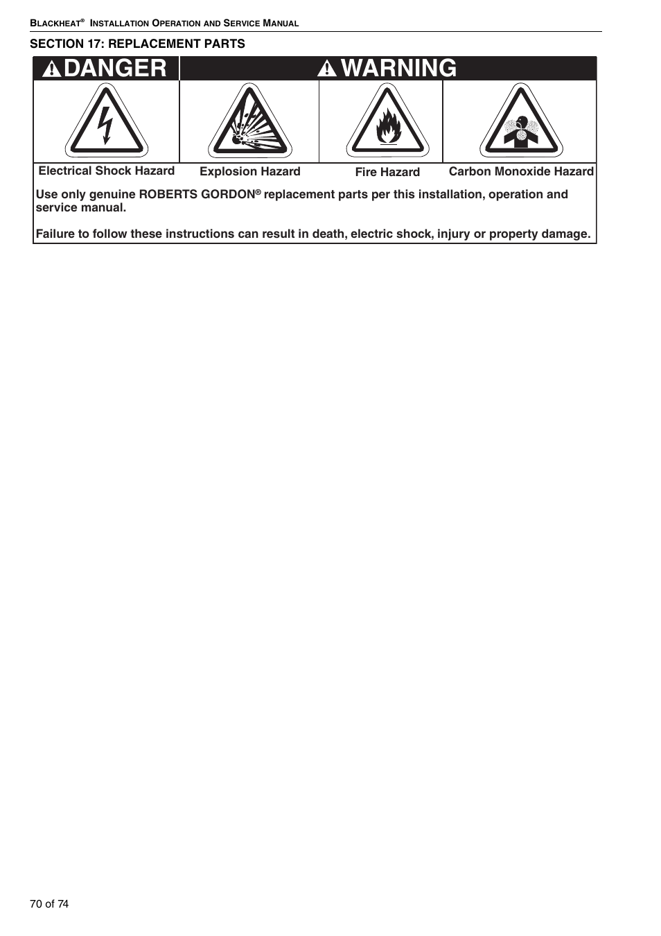 Section 17: replacement parts, Warning, Danger | Roberts Gorden Vacuum Assisted Linear User Manual | Page 76 / 84