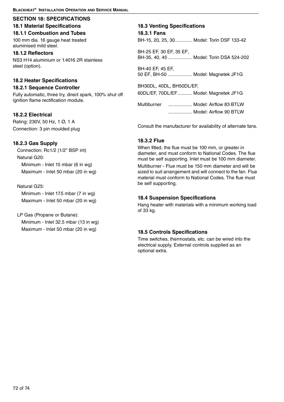 Section 18: specifications | Roberts Gorden Vacuum Assisted Linear User Manual | Page 78 / 84