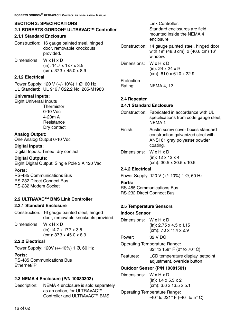 Section 2: specifications, 1 roberts gordon | Roberts Gorden 10081601NA Rev H 12/11 User Manual | Page 22 / 70