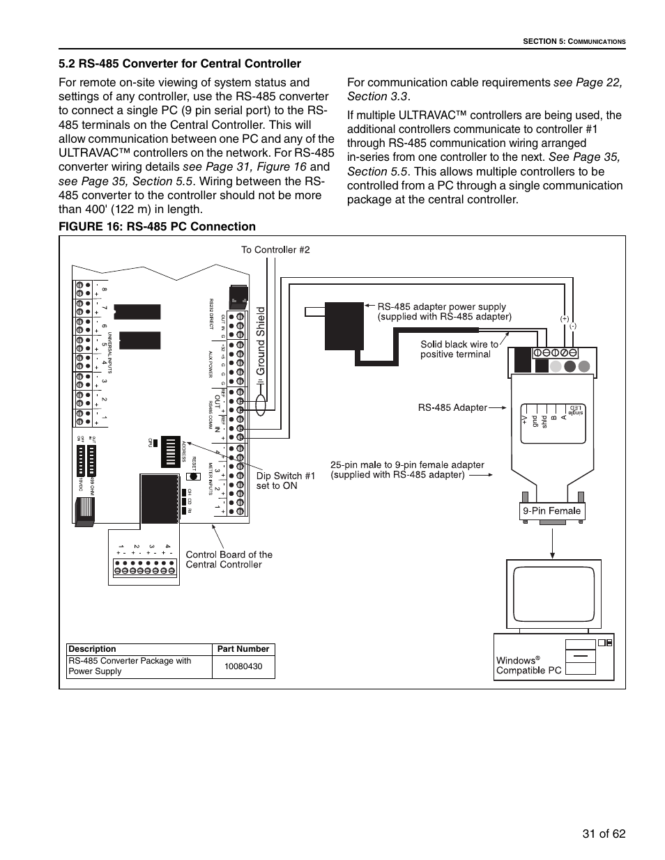 2 rs-485 converter for central controller, Figure 16: rs-485 pc connection, Ngth | Roberts Gorden 10081601NA Rev H 12/11 User Manual | Page 37 / 70