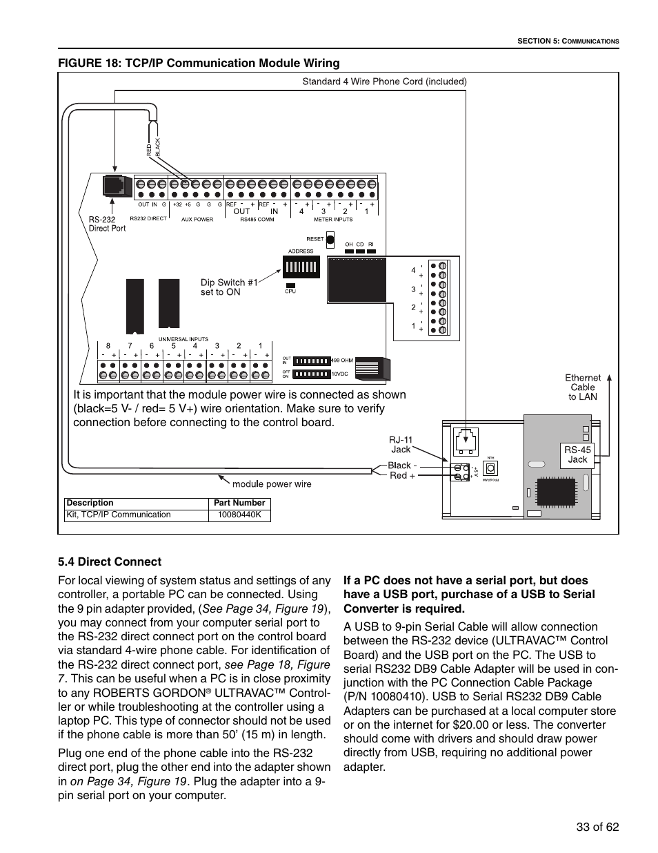 4 direct connect, Figure 18: tcp/ip communication module wiring | Roberts Gorden 10081601NA Rev H 12/11 User Manual | Page 39 / 70