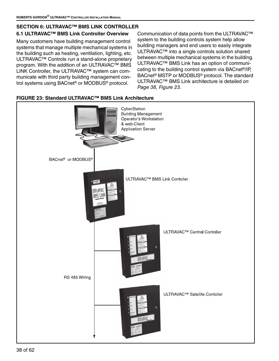 Section 6: ultravac™ bms link controller, 1 ultravac™ bms link controller overview, Or modbus | Ip, bacnet, Mstp or modbus | Roberts Gorden 10081601NA Rev H 12/11 User Manual | Page 44 / 70