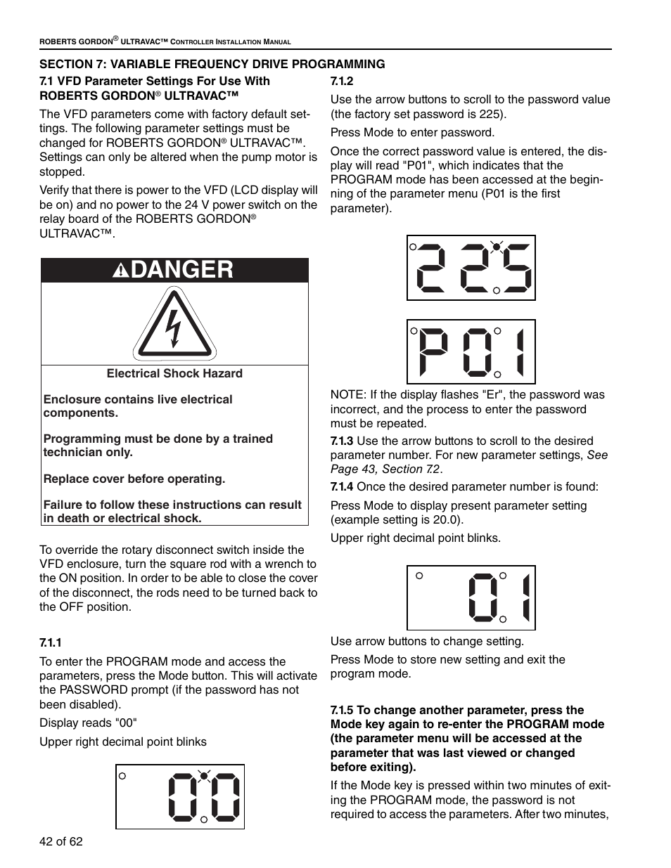 Section 7: variable frequency drive programming, 1 vfd parameter settings for use with roberts, Gordon | Danger | Roberts Gorden 10081601NA Rev H 12/11 User Manual | Page 48 / 70