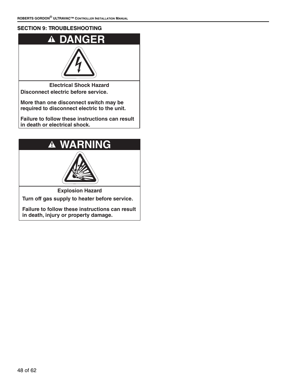 Section 9: troubleshooting, Danger, Warning | Roberts Gorden 10081601NA Rev H 12/11 User Manual | Page 54 / 70