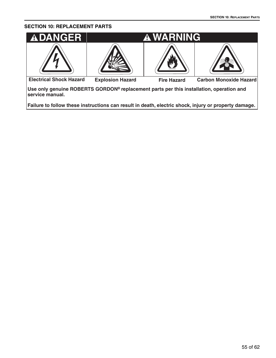 Section 10: replacement parts, Warning, Danger | Roberts Gorden 10081601NA Rev H 12/11 User Manual | Page 61 / 70