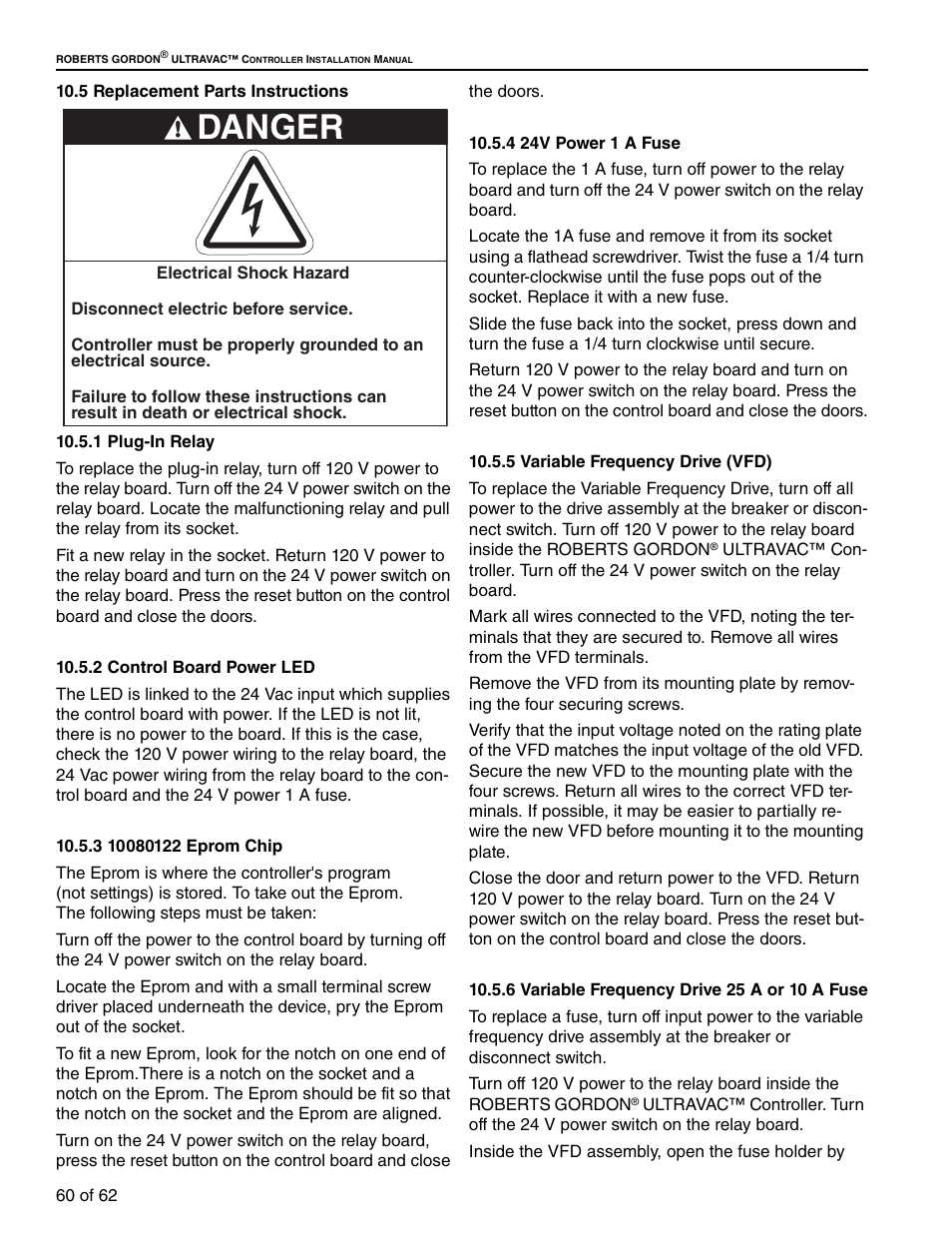 5 replacement parts instructions, Danger | Roberts Gorden 10081601NA Rev H 12/11 User Manual | Page 66 / 70