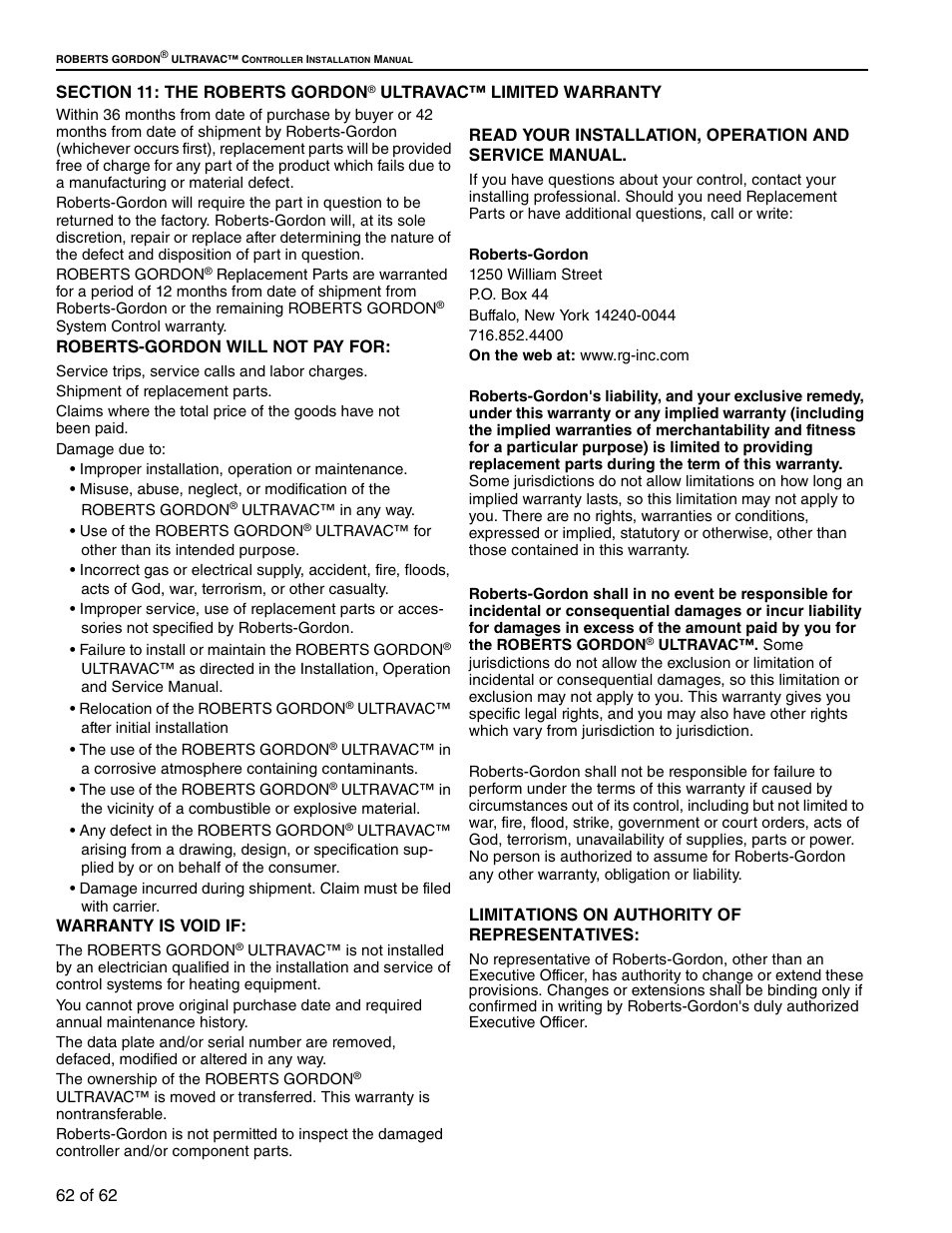 Section 11: the roberts gordon | Roberts Gorden 10081601NA Rev H 12/11 User Manual | Page 68 / 70