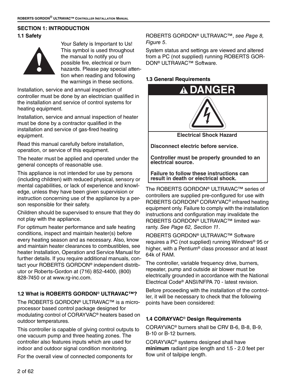 Section 1: introduction, 1 safety 1.2 what is roberts gordon, 3 general requirements 1.4 corayvac | Danger | Roberts Gorden 10081601NA Rev H 12/11 User Manual | Page 8 / 70
