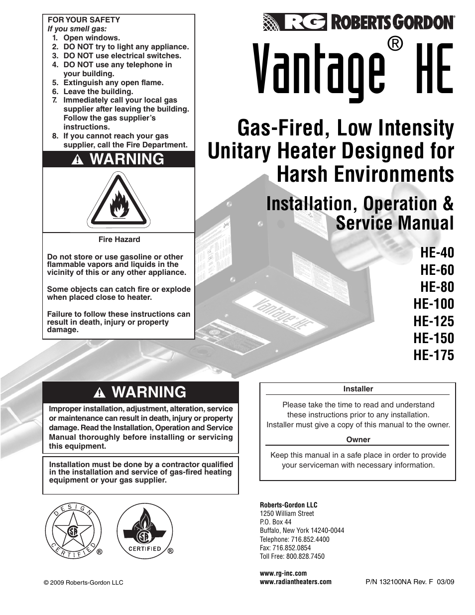 Roberts Gorden VANTAGE HE HE-125 User Manual | 20 pages