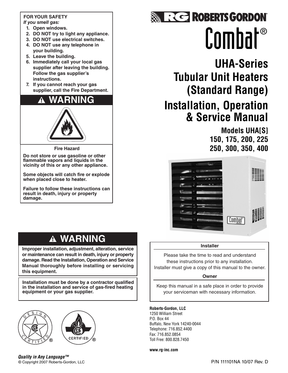 Roberts Gorden UHA SERIES 200 User Manual | 48 pages