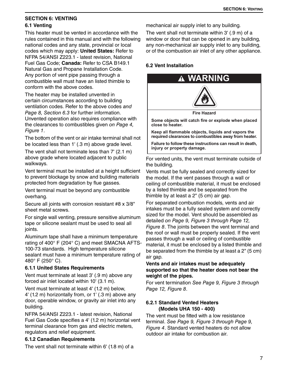 Section 6: venting, 1 venting 6.2 vent installation, Warning | Roberts Gorden UHA SERIES 200 User Manual | Page 13 / 48