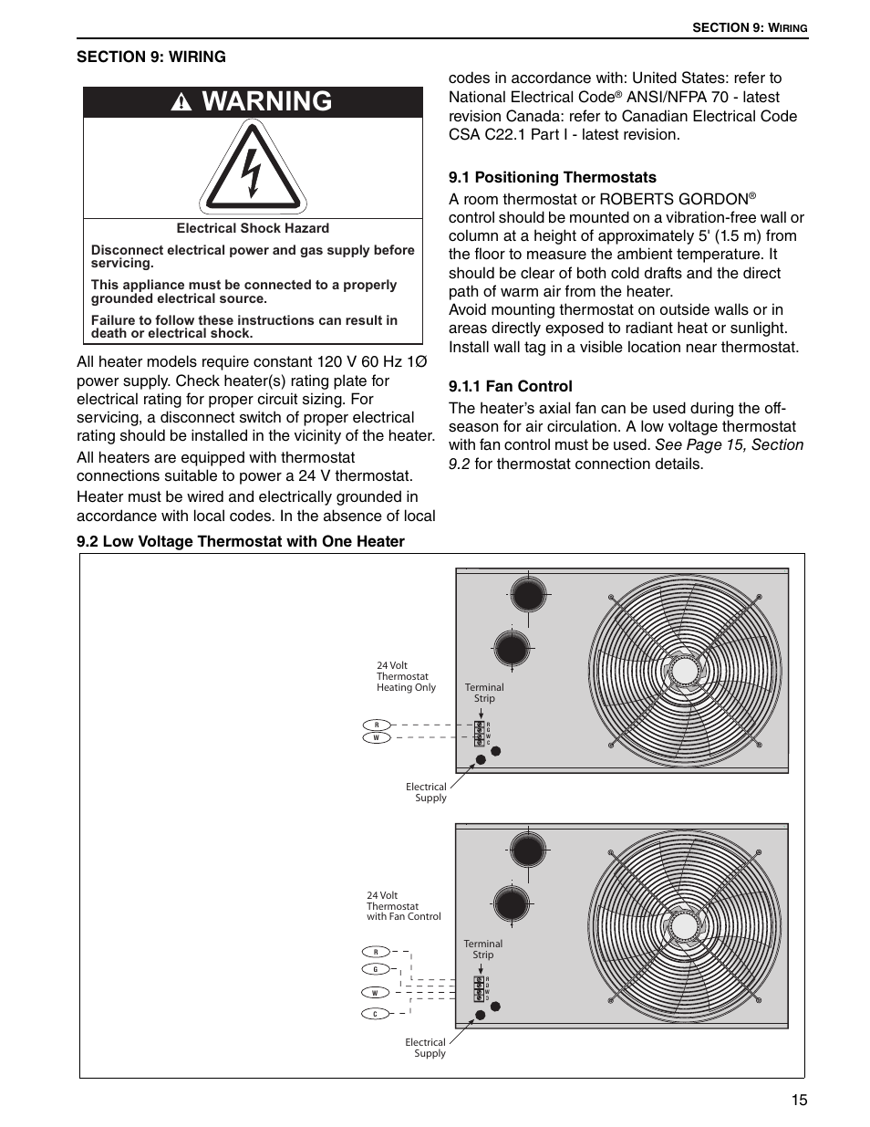 Section 9: wiring, Section 9, Warning | Roberts Gorden UHA SERIES 200 User Manual | Page 21 / 48