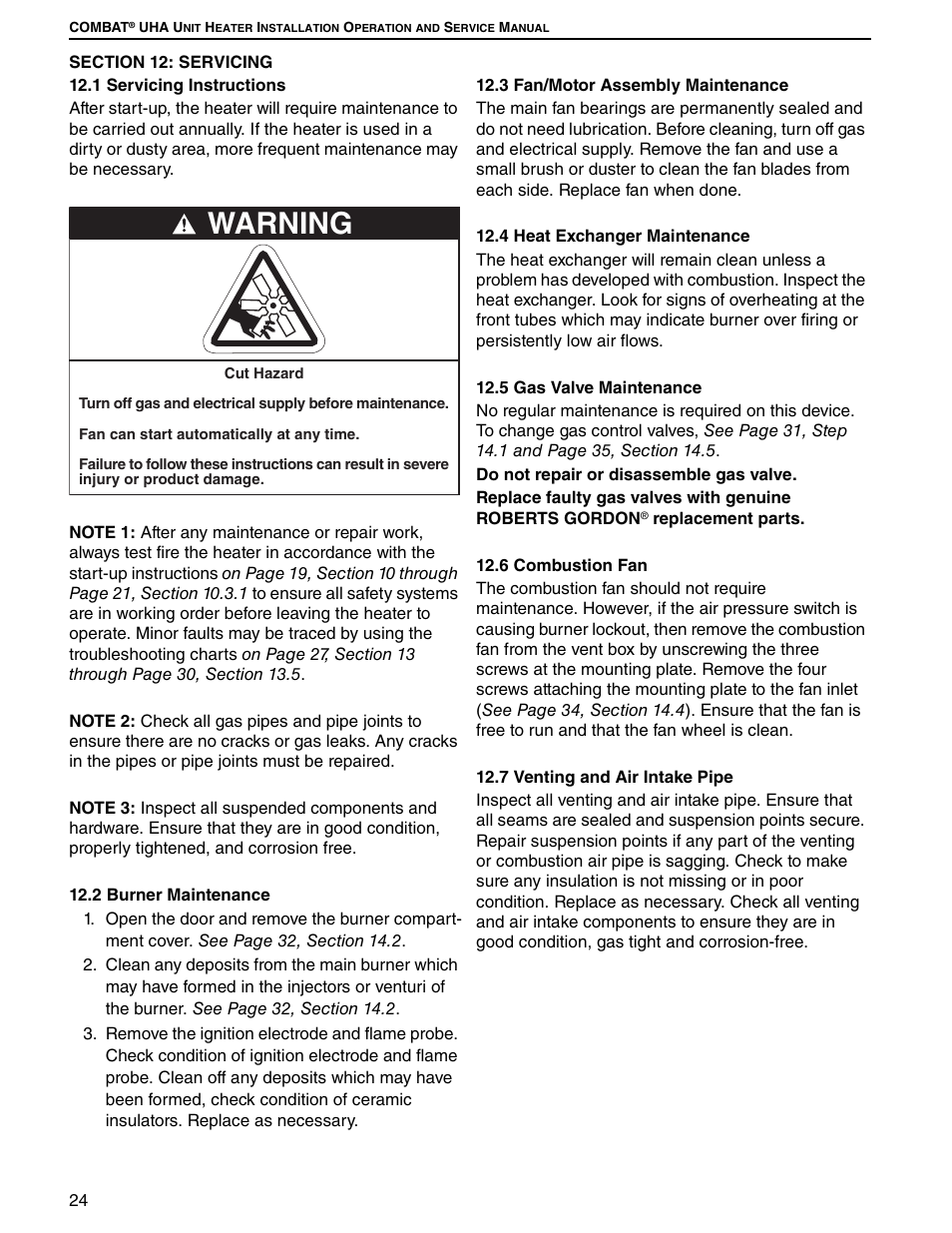 Section 12: servicing, Warning | Roberts Gorden UHA SERIES 200 User Manual | Page 30 / 48