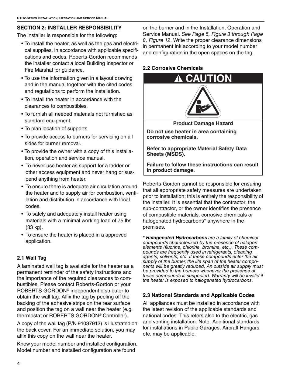 Section 2: installer responsibility, 1 wall tag, 2 corrosive chemicals | 3 national standards and applicable codes, Caution | Roberts Gorden Gas-Fired User Manual | Page 10 / 68