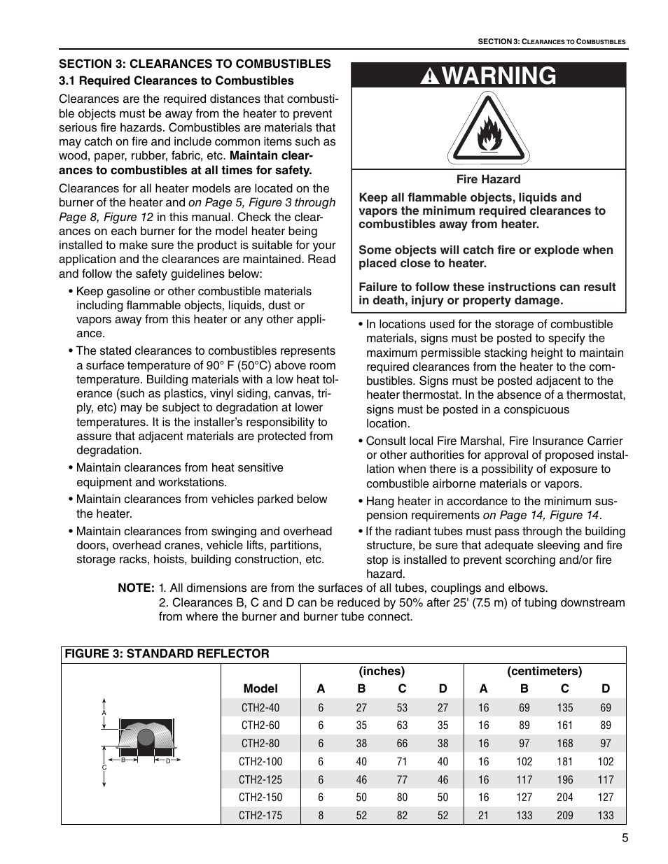 Section 3: clearances to combustibles, 1 required clearances to combustibles, Figure 3: standard reflector | Warning | Roberts Gorden Gas-Fired User Manual | Page 11 / 68