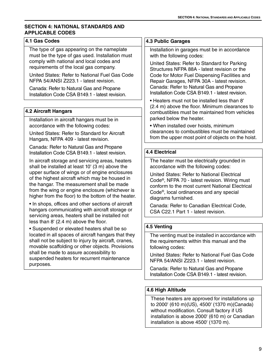 Section 4: national standards and applicable codes, 1 gas codes, 2 aircraft hangars | 3 public garages, 4 electrical, 5 venting, 6 high altitude | Roberts Gorden Gas-Fired User Manual | Page 15 / 68