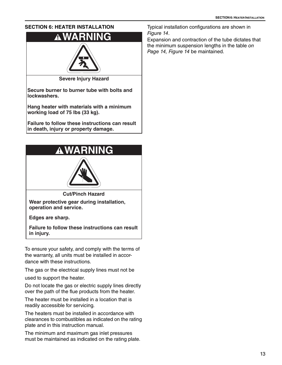 Section 6: heater installation, Warning | Roberts Gorden Gas-Fired User Manual | Page 19 / 68