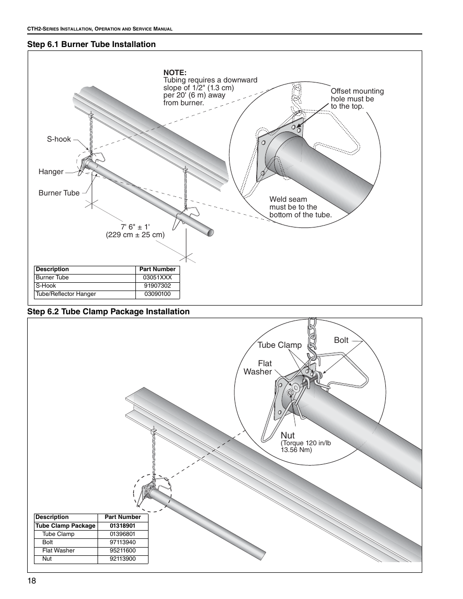 Step 6.1 burner tube installation, Step 6.2 tube clamp package installation, Bolt tube clamp flat washer | Roberts Gorden Gas-Fired User Manual | Page 24 / 68