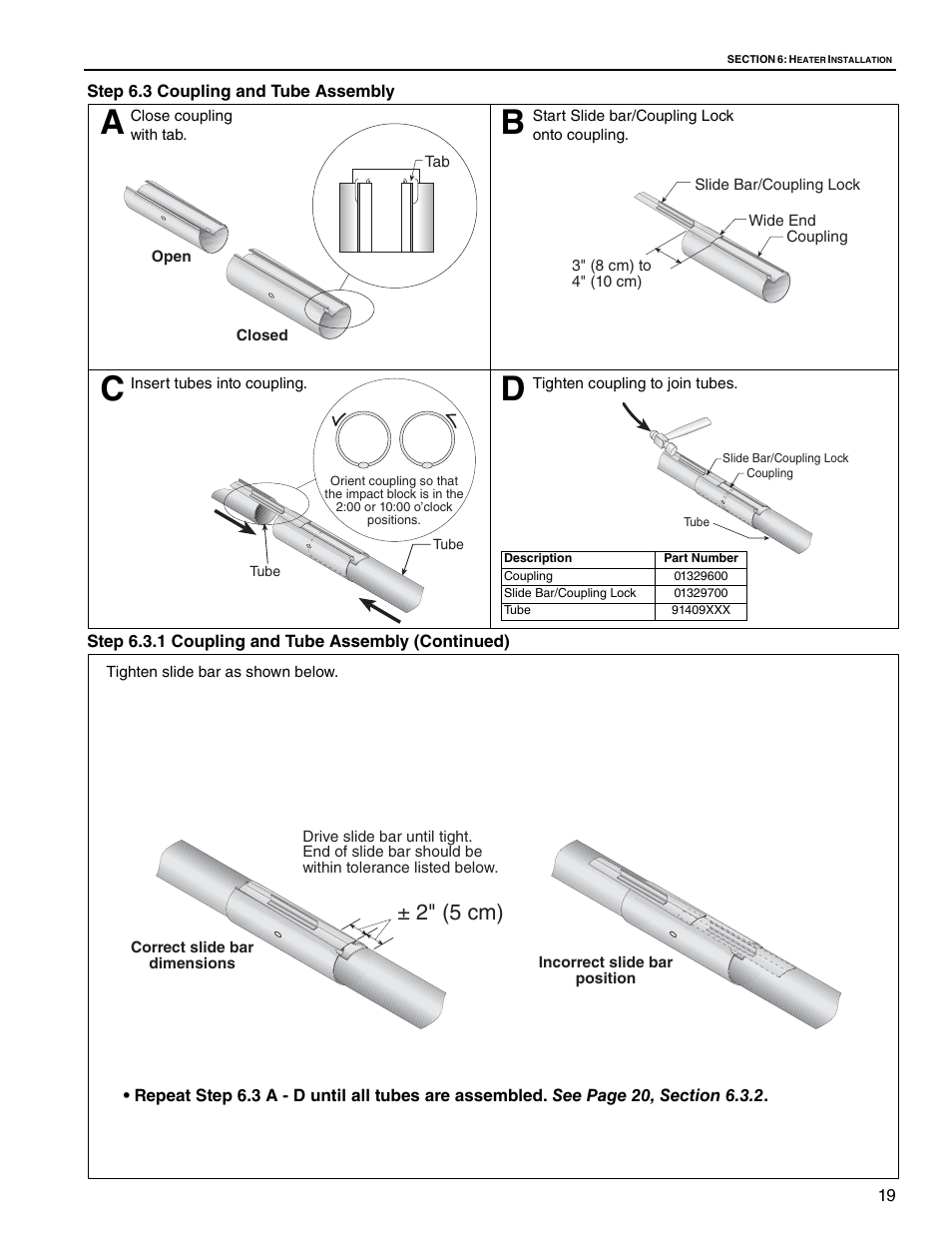 Step 6.3 coupling and tube assembly, Step 6.3.1 coupling and tube assembly (continued), 3 coupling and tube assembly | 2" (5 cm) | Roberts Gorden Gas-Fired User Manual | Page 25 / 68