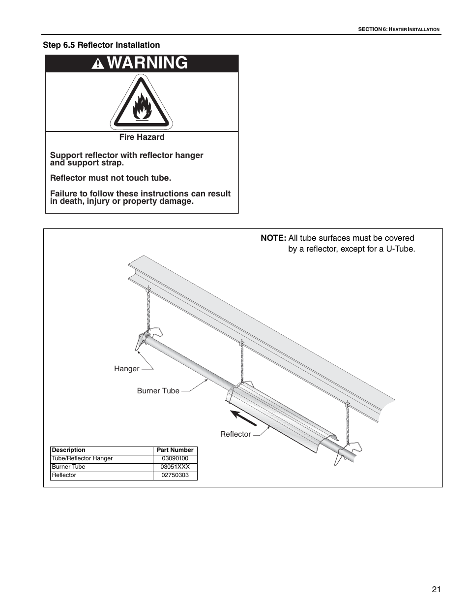 Step 6.5 reflector installation, 5 reflector installation, Warning | Roberts Gorden Gas-Fired User Manual | Page 27 / 68