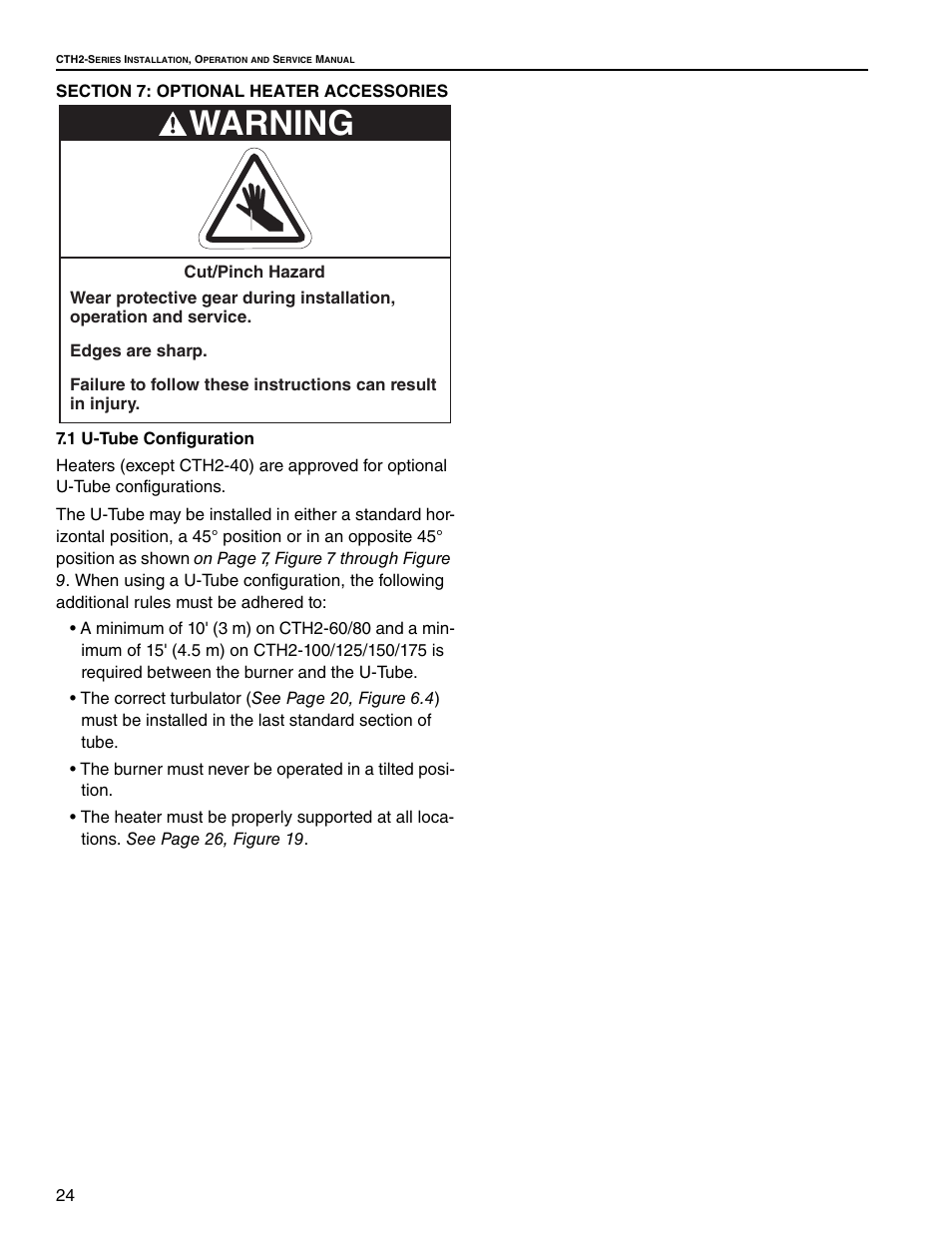 Section 7: optional heater accessories, 1 u-tube configuration, Warning | Roberts Gorden Gas-Fired User Manual | Page 30 / 68