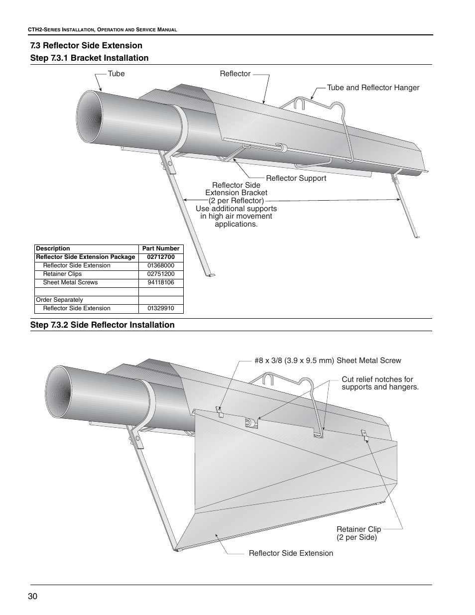 3 reflector side extension, Step 7.3.1 bracket installation, Step 7.3.2 side reflector installation | Roberts Gorden Gas-Fired User Manual | Page 36 / 68