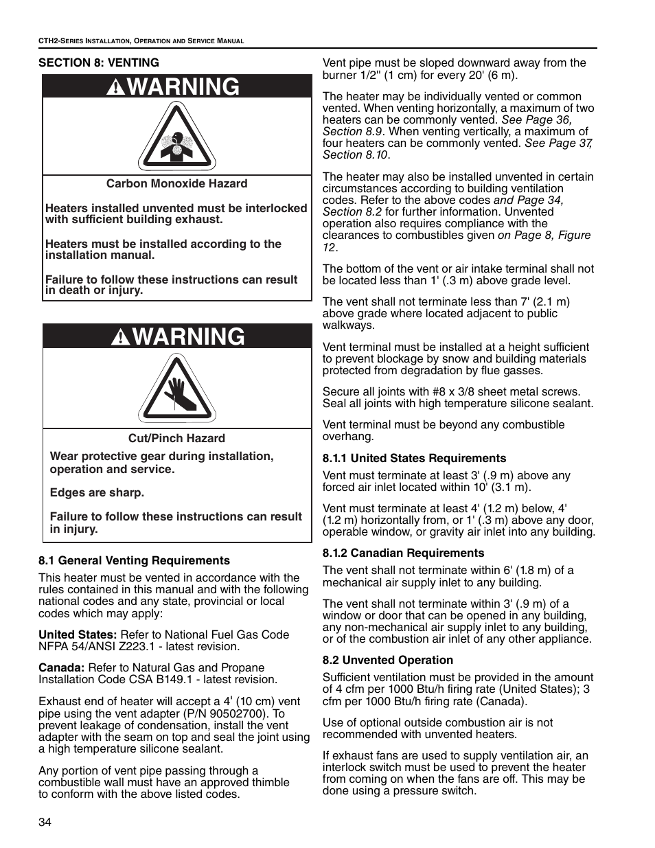 Section 8: venting, 1 general venting requirements, 1 united states requirements | 2 canadian requirements, 2 unvented operation, Warning | Roberts Gorden Gas-Fired User Manual | Page 40 / 68