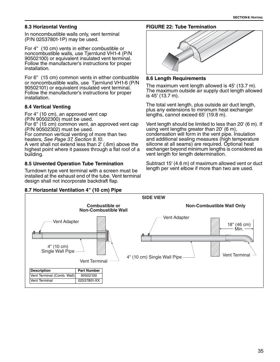 3 horizontal venting, 4 vertical venting, 5 unvented operation tube termination | Figure 22: tube termination, 6 length requirements, 7 horizontal ventilation 4" (10 cm) pipe | Roberts Gorden Gas-Fired User Manual | Page 41 / 68