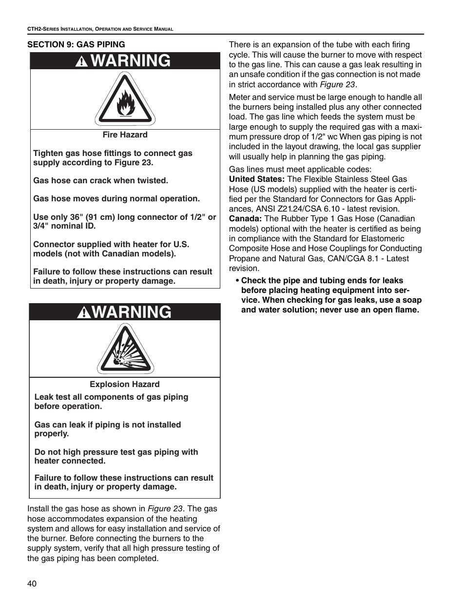 Section 9: gas piping, Warning | Roberts Gorden Gas-Fired User Manual | Page 46 / 68