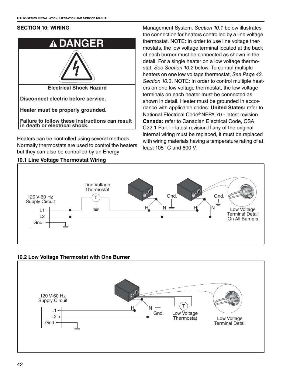 Section 10: wiring, 1 line voltage thermostat wiring, 2 low voltage thermostat with one burner | Danger | Roberts Gorden Gas-Fired User Manual | Page 48 / 68