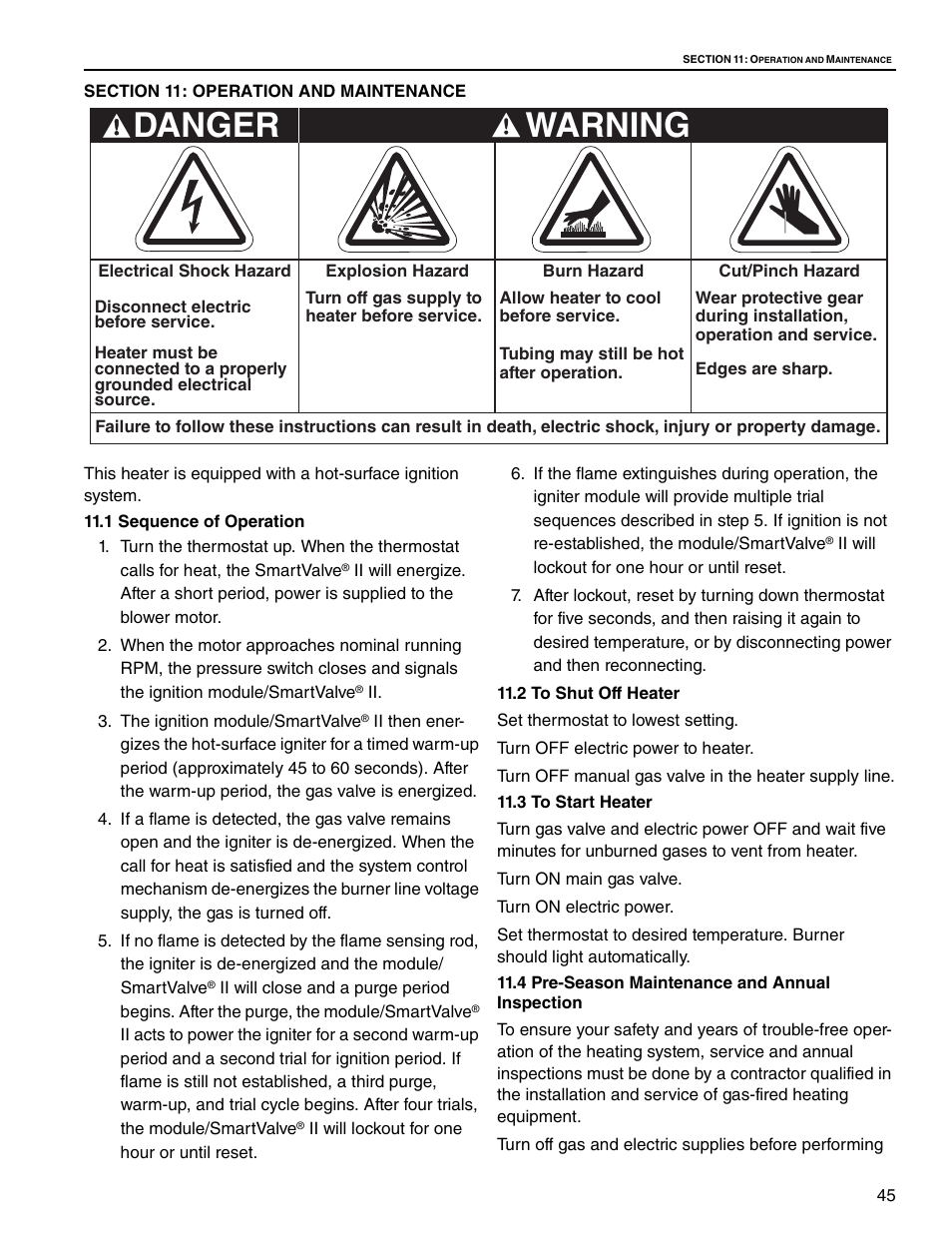 Section 11: operation and maintenance, 1 sequence of operation, 2 to shut off heater | 3 to start heater, 4 pre-season maintenance and annual inspection, Warning, Danger | Roberts Gorden Gas-Fired User Manual | Page 51 / 68