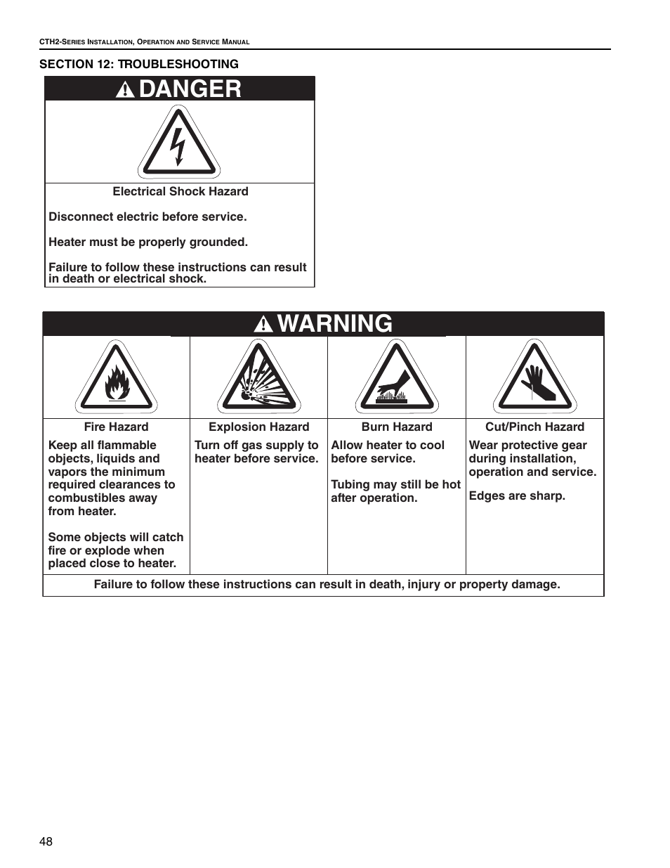 Section 12: troubleshooting, Danger, Warning | Roberts Gorden Gas-Fired User Manual | Page 54 / 68